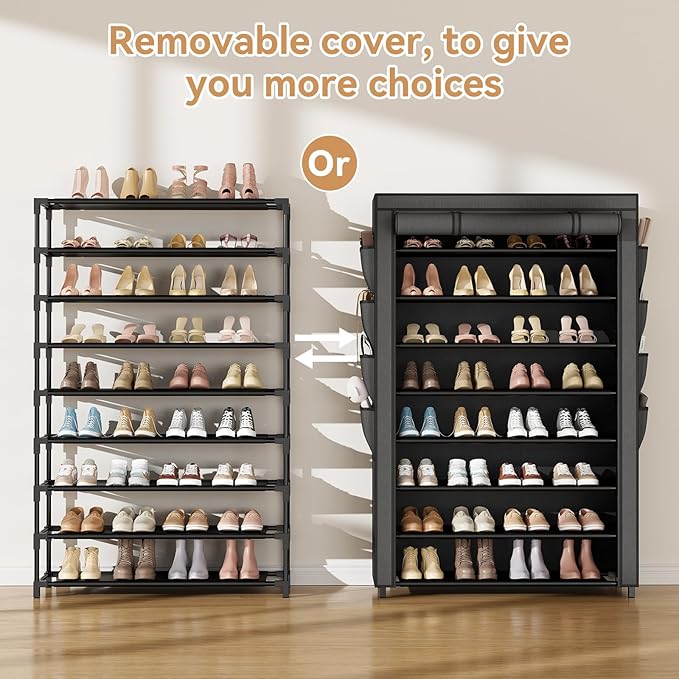 VILICK Shoe Rack with Cover, 8 Tier Tall Shoe Organizer Storage for 36-45 Pair Shoes and Boots Large Shoe Storage Shelf Free Standing Shoe Rack for Closet, Front Door Entrance, Dorm, Garage