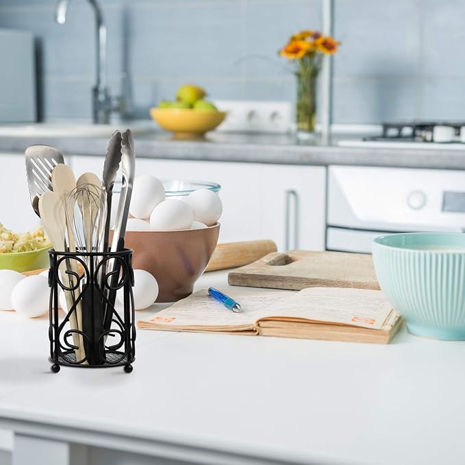 Blue Donuts Vintage Metal Utensil Organizer - Black Farmhouse Counter Holder, Caddy