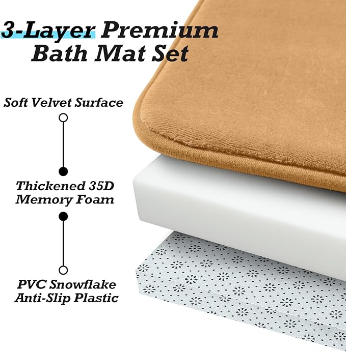 HUXMEYSON Bathroom Rugs Sets 3 Piece, Non-Slip & Quick Dry Bath Mat Set, Ultra Soft Velvet Bath Rugs for Bathroom, Toilet and Shower Floor, Khaki