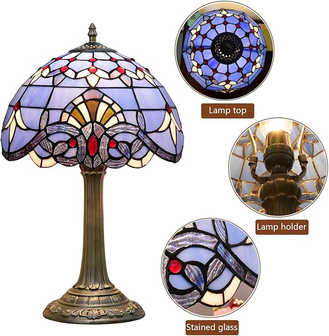 Tiffany Lamp Stained Glass lamp 12 inches Bedside Table Lamps for Living Room Bedroom Dorm Kitchen Home Decor Festival Birthday Gift,Blue Baroque