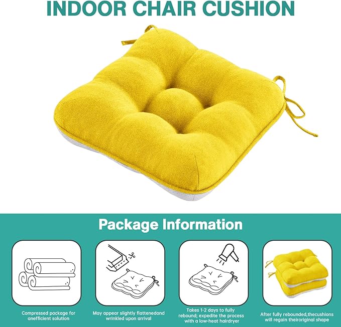 BETU Chair Cushions for Dining Chairs Set of 4,3.5" Thick Kitchen Table Chair Pads with Ties,Non Slip Backing and Covers, Seat Cushion for Dining Room,Bar,Patio Chairs,16"X16"X3.5",Gold