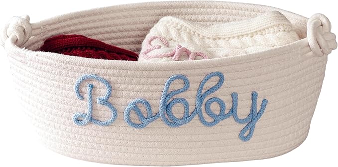 FKOG Personalized Cotton Rope Storage Basket, Handmade Baby Nursery Organizer with Custom Name, Baby Show Gift Basket, Newborn Baby Baptism Gift (White rectangle basket)