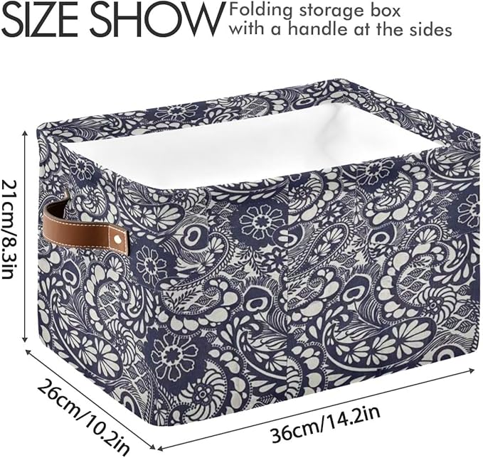 Decorative Storage Basket, Canvas Collapsible Box with Leather Handles, Navy Floral Pattern, 14.2x10.2x8.3 Inches, Rectangular Container for Bedroom Storage