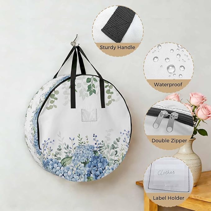 Storage Bag Blue Hydrangea Round Storage Totes Bins Closet Organizers with Zippers & Handle Green Eucalyptus Leaves Flowers Clothes Storage Container for Bedroom Dorm Space Saving Packing Supplies