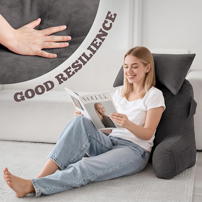 Unisakey Portable Reading Pillows with Headrest for Bed Sitting Up(Light Grey Oeko-Tex), Velvet Back Pillow with Arms & Pockets for Adults, Support Memory Foam Bed Pillow for Dorm/Watching/Gaming