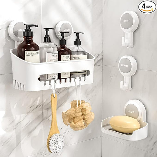 LUXEAR 4 Pack Shower Caddy Set - Suction Cup Shower Shelf+Soap Dish+Hooks - 1 Sec Installation NO-Drill Removable Powerful Waterproof Organizer for Bathroom/Kitchen/RV 22LBS Capacity Removable