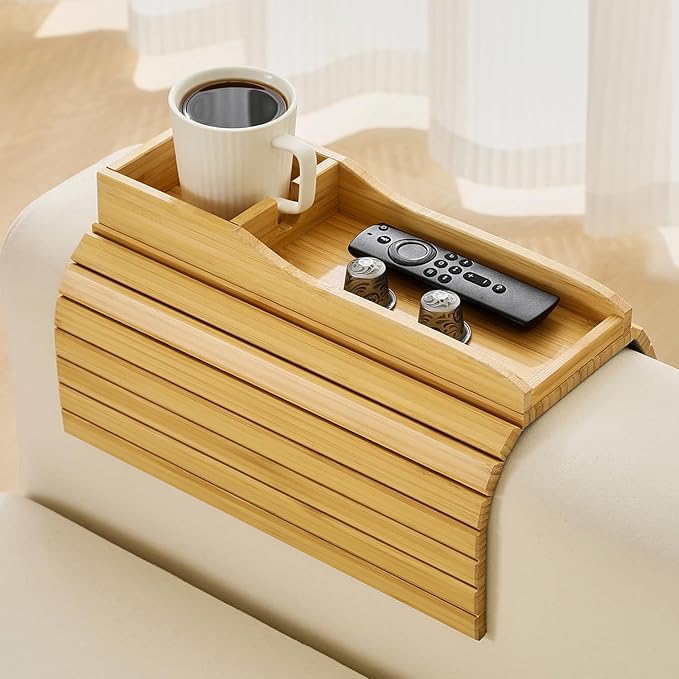 Bamboo Couch Cup Holder Arm Tray Table，Couch Drink Holder，Sofa Cup Holder Armrest Tray，Anti-Slip Foldable Arm Chair Table Tray Recliners for Drink,Cups, Snacks, Phone, Remote