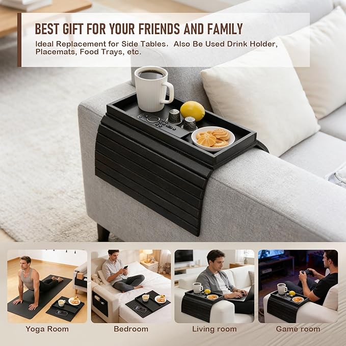 Bamboo Sofa Arm Tray Table, Foldable Couch Arm Tray Side Table, Anti-Falling Armrest Tables Cup Holder for Snacks, Couch Armrest Organizer, Serving Tray for Snacks and Drinks (Black)