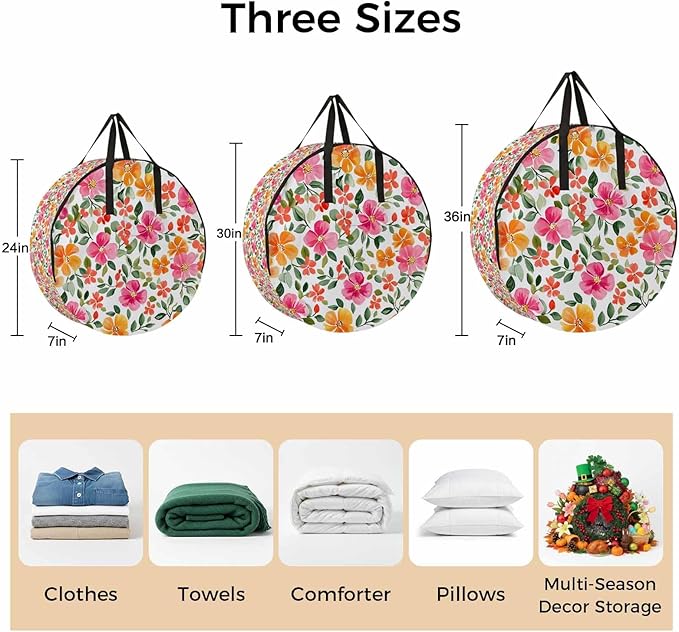 Red Yellow Floral Round Storage Bag 24 Inch, Retro Spring Leaves Flower Clothes Storage Container with Handles Heavy Duty Organizer for Comforter, Bedding & Holiday Wreaths