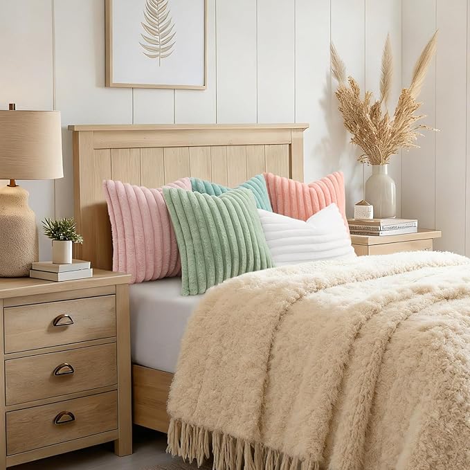 decorUhome Summer Cozy Faux Fur Throw Pillow Covers 24x24 Set of 2 Decorative Soft Plush Striped Modern Farmhouse Boho Couch Euro Sham Pillow Cases with Velvet Back for Sofa Bed Living Room, Pink