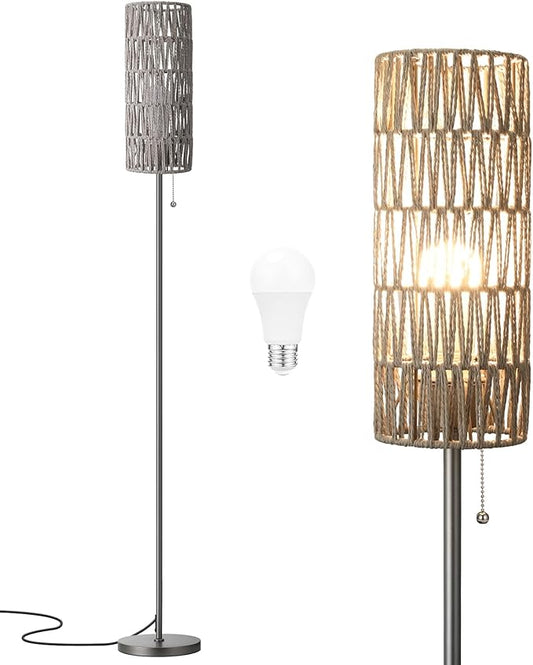 Ambimall 64'' Floor Lamp for Living Room with 3 Color Temperatures Bulb, Boho Grey Standing Lamp with Grey Rattan Shade