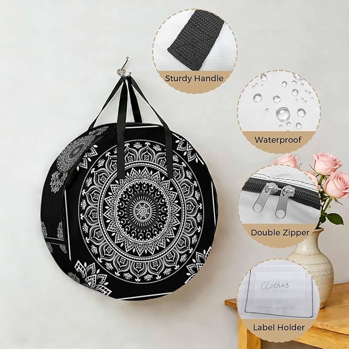 Storage Bag Black Boho Round Storage Totes Bins Closet Organizers with Zippers & Handle Gorgeous Bohemian Flower Clothes Storage Container for Bedroom Dorm Space Saving Packing Supplies Moving Bags