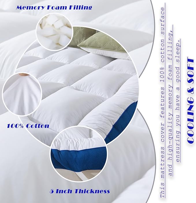 WhatsBedding 5 Inch Queen Mattress Topper for Back Pain Relief, Filled with Breathable & Soft Memory Foam Pillow Top,4 Elastic Straps