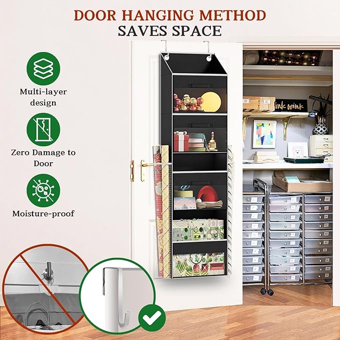 Black Over Door Wrapping Paper Organizer Storage with 3 Removable Drawers & Side Pockets – Dual Use Design with Elastic Straps – Christmas Gift Wrap Storage for Ribbons, Bows,Ornament and Other Tools