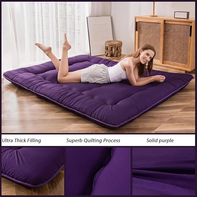 MAXYOYO Japanese Floor Futon Mattress, Roll Up Floor Mattress for Adults Foldable Tatami Mat Sleeping Pad Dormitory Couch Lounger, Purple, Twin Size