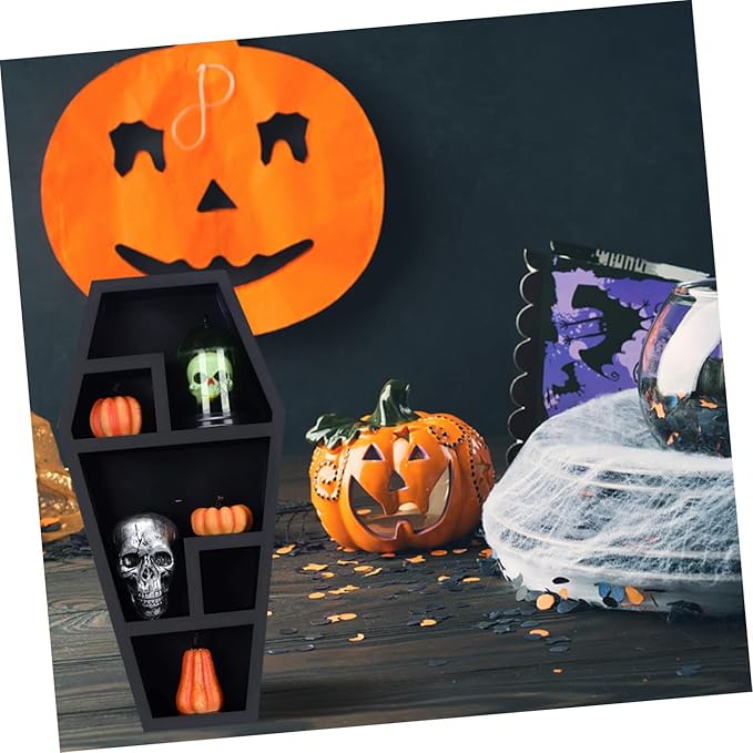 Desktop Organizer Coffin Shaped Storage Rack Gothic Display Shelf for Halloween Decor Unique Storage for Candles Books and Figurines Durable Design