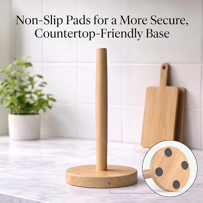 Wooden Paper Towel Holder for Countertop, Solid Beech Wood Stand with Non-Slip Base, Fits Standard Kitchen Rolls, Easy Assembly, Farmhouse Paper Towel Dispenser
