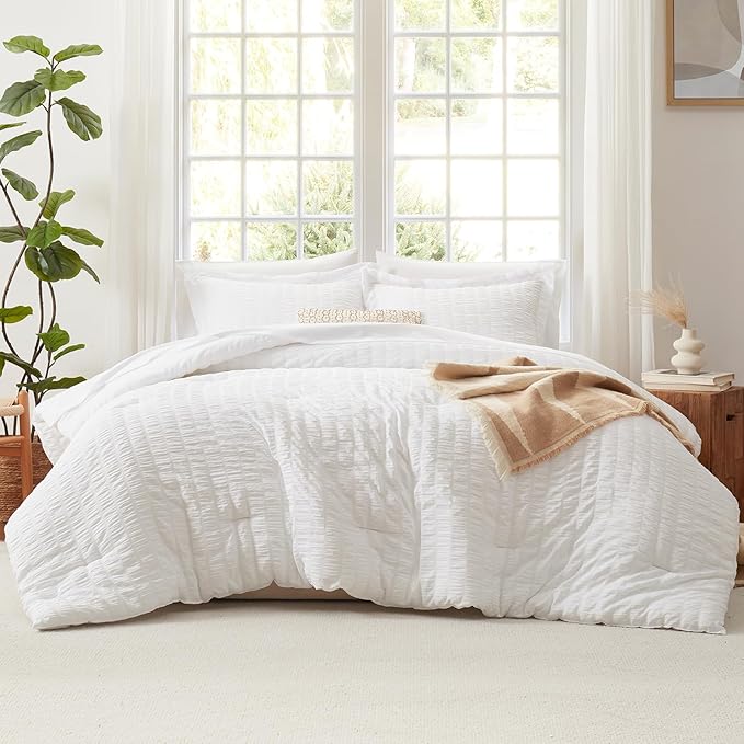 CozyLux Twin Comforter Set with Sheets 5 Pieces, White Seersucker Textured Bed in a Bag for Girls, Luxury Soft Bedding Sets with Down Alternative Comforter, Sheets, Pillowcase & Sham for All Seasons