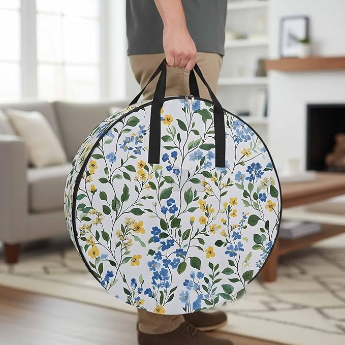 Spring Wildflower Round Storage Bag 36 Inch, Blue Yellow Floral Watercolor Leaf Plant Clothes Storage Container with Handles Heavy Duty Organizer for Comforter, Bedding & Holiday Wreaths