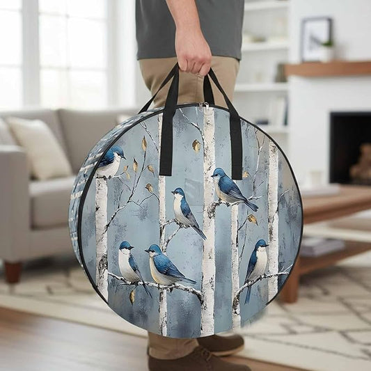 30 Inch Round Storage Bag 1 Pack,Spring Tree Trunk Branch Bird Waterproof Wreath Storage Container with Handles&Zipper Animal Leaves Oil Painting Closet Organizer Bags Garland Box