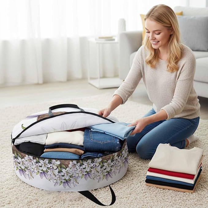 Spring Lily Round Storage Bag 24 Inch, Retro Flowers Basket Clothes Storage Container with Handles Heavy Duty Organizer for Comforter, Bedding & Holiday Wreaths