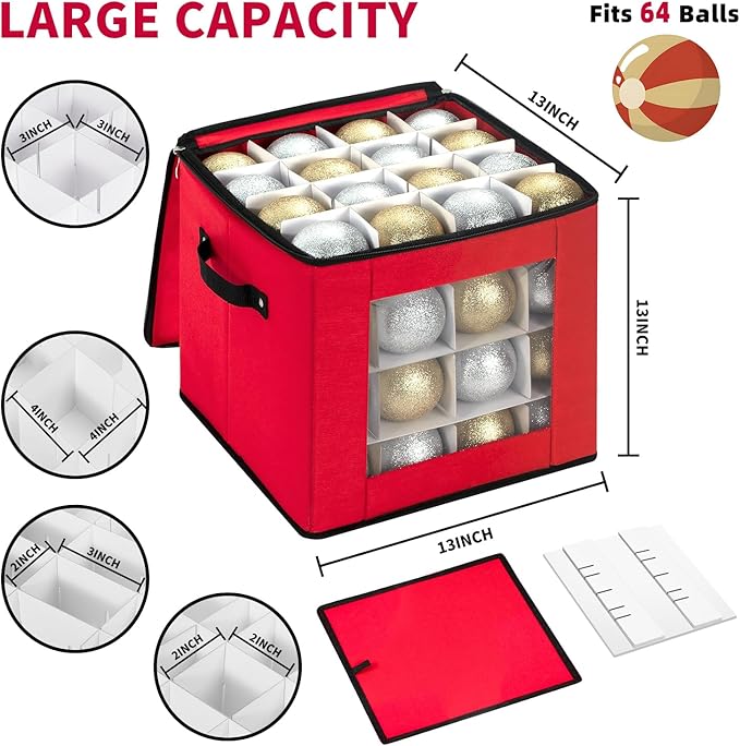 DIMESHY Christmas Ornament Storage Box With Adjustable Dividers,Ornament Storage Container with Two Handles for 64Holiday Decorations,Red