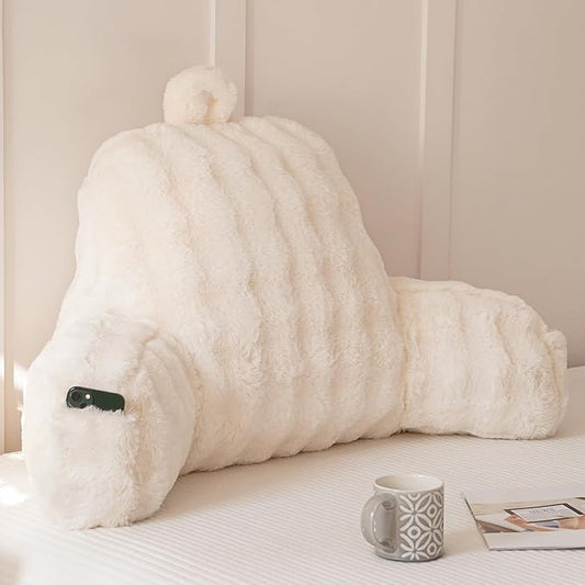 Yaoshuho Faux Fur Reading Pillow for Sitting in Bed, Large Backrest Bed Pillow with Arms, Back Support Pillow for Lounging Bedrest, Beige