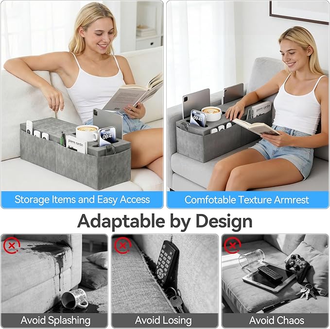 Couch Armrest Caddy with Cup Holder, Portable Sofa Armrest Pillow Drink Holder Table Tray with 5 Large Side Storage Pockets, Portable Sofa Rrmrest for Reading & Bed Rest Pillows Armrest- 1 Pack