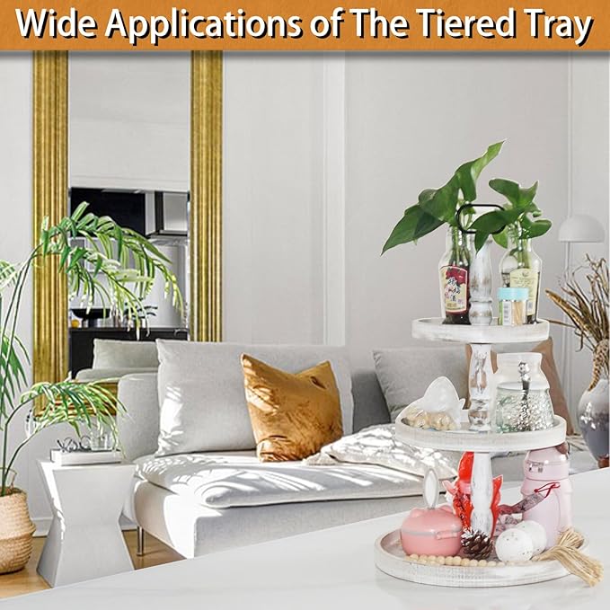 Krismax Decorative Tray - Cupcake Stand Three Tiered Tray Stand, Rustic Round Farmhouse Style Tiered Tray Decor, Farmhouse 3 Tiered Serving Tray, Holiday Decoration (White)