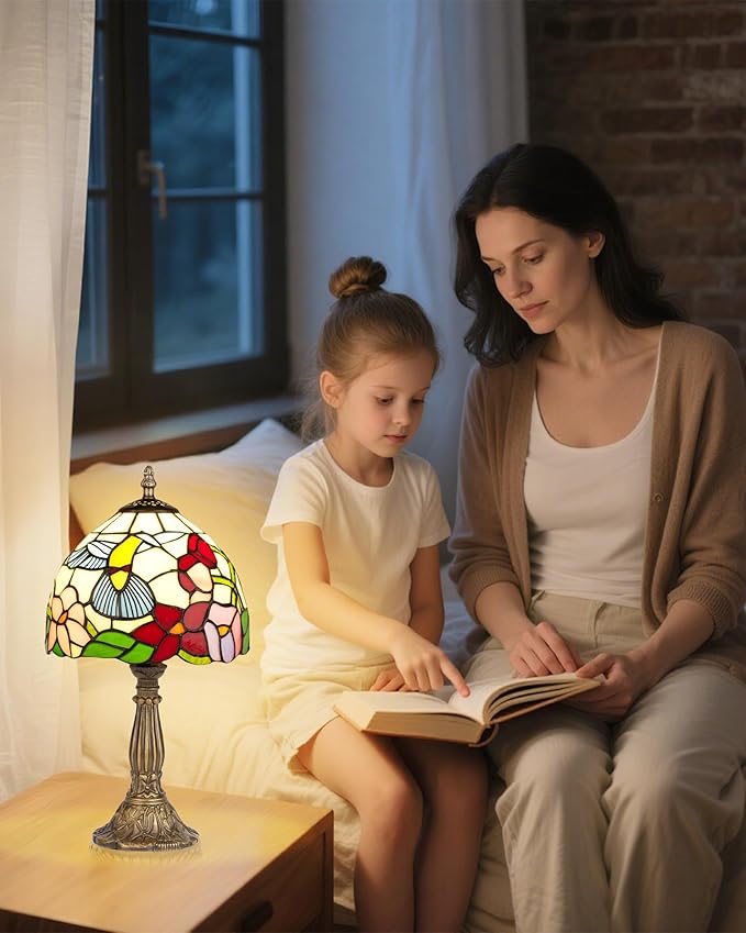 Hummingbird Tiffany Style Table Lamp with LED Bulb, 8 Inch Handmade Stained Glass Light, Antique Desk & Bedside Lamp for Living Room, Bedroom, Study Office