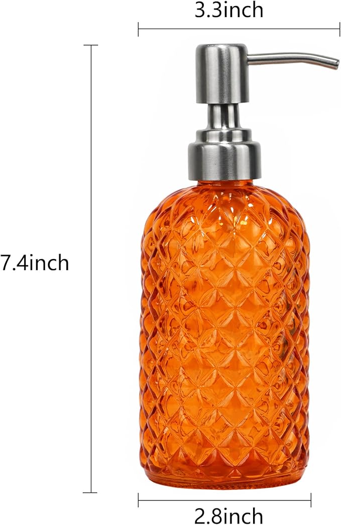 16 oz Diamond Pattern Glass Soap Dispenser, Kitchen and Bathroom Refillable Soap Dispenser with Rust Resistant Stainless Steel Pump for Hand Soap, Lotion Glass Liquid Dispenser