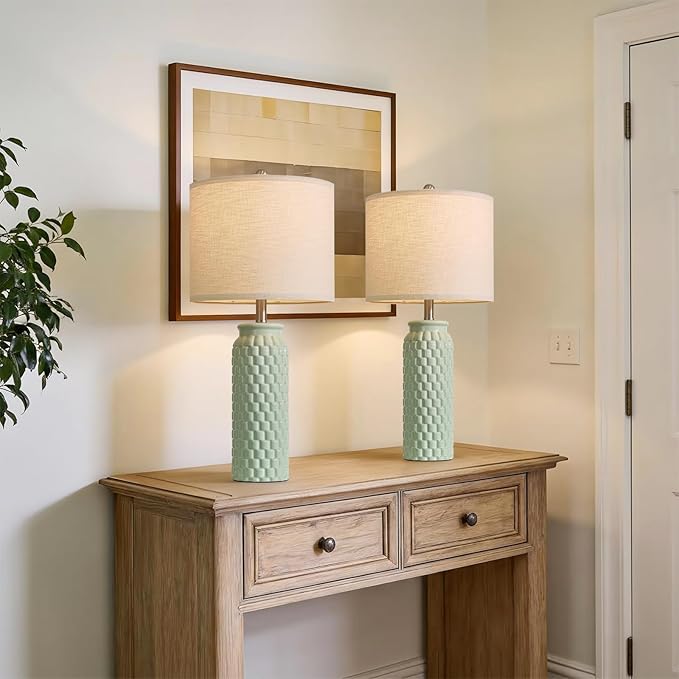 USumkky 27" Ceramic Table Lamps Set of 2 - Modern Farmhouse & Boho Style, Bedside Nightstand Lamps for Bedroom, Living Room End Table Lamps, Small Desk Lamp(Green)