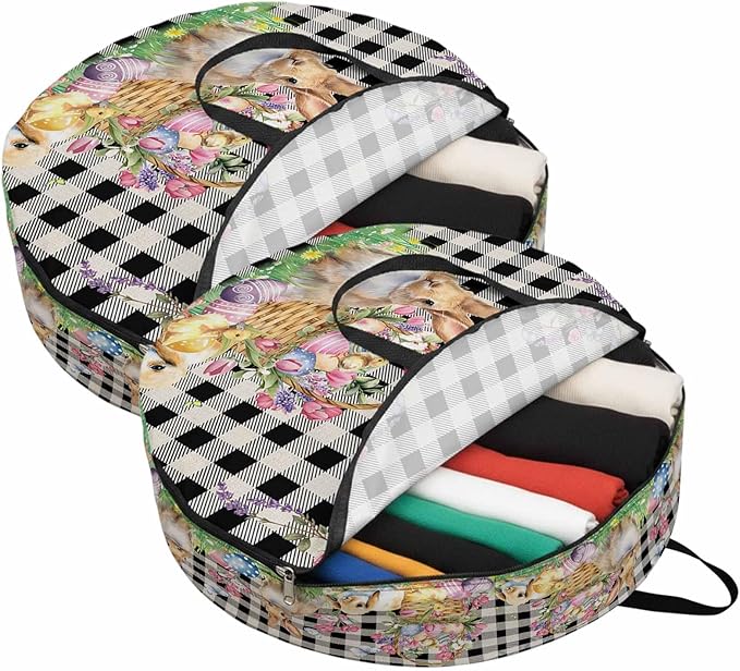 24 Inch Round Storage Bag 2 Pack,Spring Easter Bunny Eggs Flowers Waterproof Wreath Storage Container with Handles&Zipper Black and White Linen Lattice Closet Organizer Bags Garland Box
