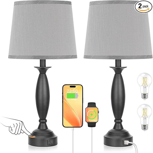 Seealle Grey Lamps for Bedrooms Set of 2 - Touch Control Bedside Lamp with USB C+A, 3 Way Dimmable Nightstand Lamps with USB Port, Table Lamp for Living Room(Grey Shade and Black Base)