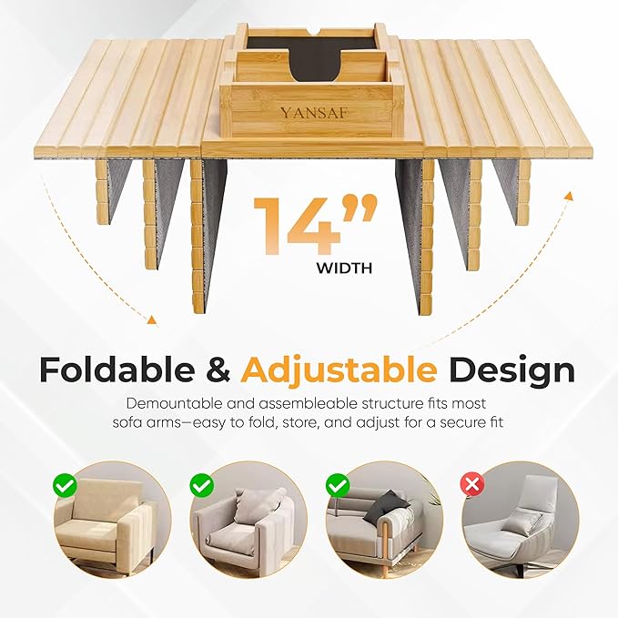 4-in-1 Detachable Bamboo Couch Cup Holder & Arm Tray with 2 Wooden Coasters, Anti-Slip Sofa Arm Tray, Foldable Couch Armrest Table, Organizer for Drinks, Snacks, Remote & Phone