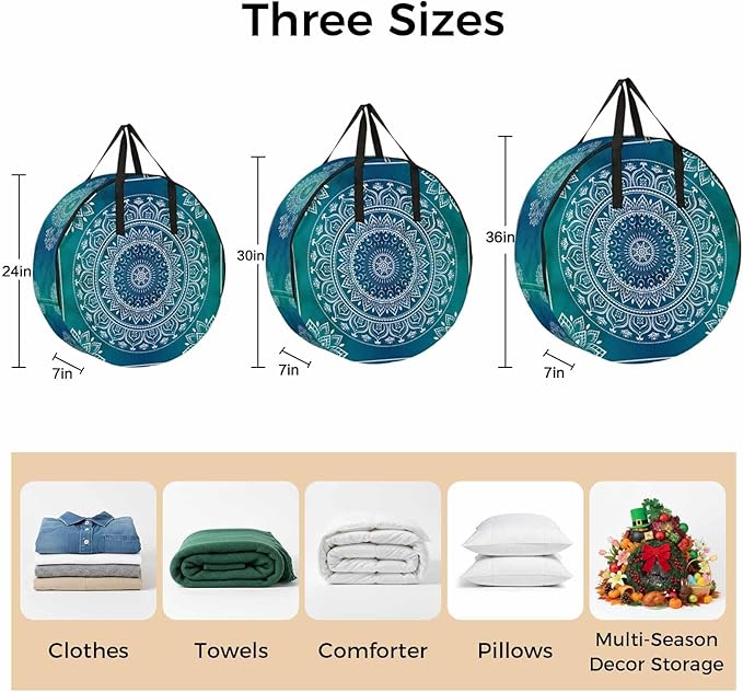 Storage Bag Teal Blue Boho Round Storage Totes Bins Closet Organizers with Zippers & Handle Gorgeous Bohemian Flower Clothes Storage Container for Bedroom Dorm Space Saving Packing Supplies Bags