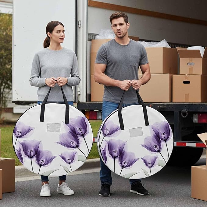 Spring Floral Round Storage Bag 24 Inch, Purple X-ray Tulip Looming Flower Leaf Modern Clothes Storage Container with Handles Heavy Duty Organizer for Comforter, Bedding & Holiday Wreaths