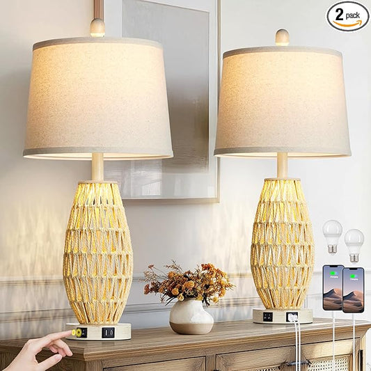 CINSARY 27“ Beige Rattan Table Lamps with Night Light, Boho Bedside Lamps Set of 2, Woven Wicker Bedroom Lamp for Nightstand with USB A+C Charging Port & AC Outlet, Tall Coastal Living Room Lamp