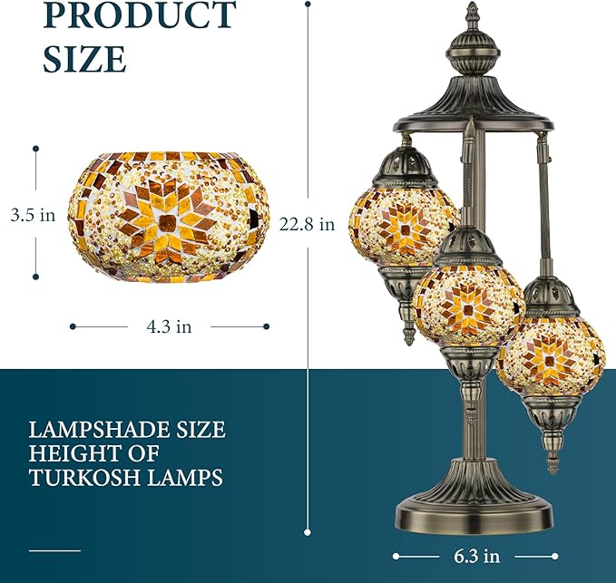 Marrakech Turkish Lamp 3 Globes Moroccan Table Lamp with Bronze Base, 23" Tall Handmade Yellow Tiffany Mosaic Glass Night Light Fixture Including LED Bulb for Living Room Bedroom Decor