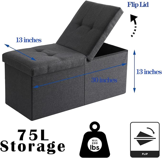 CUYOCA Storage Ottoman Bench Foldable Seat Footrest Shoe Bench End of Bed Storage with Flipping Lid, 75L Storage Space, 30 inches Linen Fabric Navy