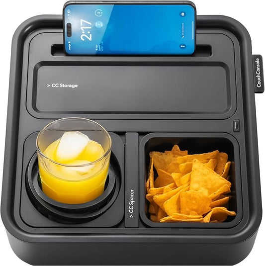 CouchConsole Original Tray - Drinks & Snacks Sofa Caddy with Armrest, Table with Phone Stand- TV Remote Control Storage and Organizer - for Living Rooms, RV, and Cars, Black/Black