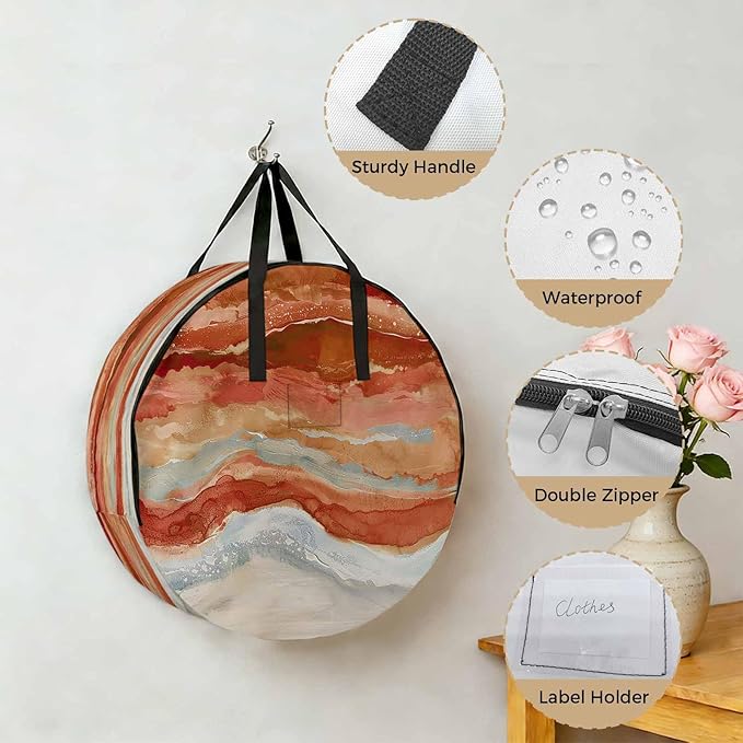 Abstract Orange Round Storage Bag 30 Inch, Gradient Beach Ocean Wave Oil Painting Clothes Storage Container with Handles Heavy Duty Organizer for Comforter, Bedding & Holiday Wreaths