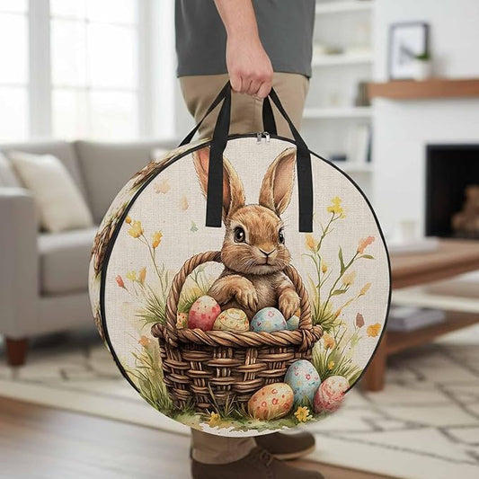 24 Inch Round Storage Bag 1 Pack,Watercolor Bunny Easter Egg Flower Waterproof Wreath Storage Container with Handles&Zipper Farm Grass Basket on Flax Closet Organizer Bags Garland Box