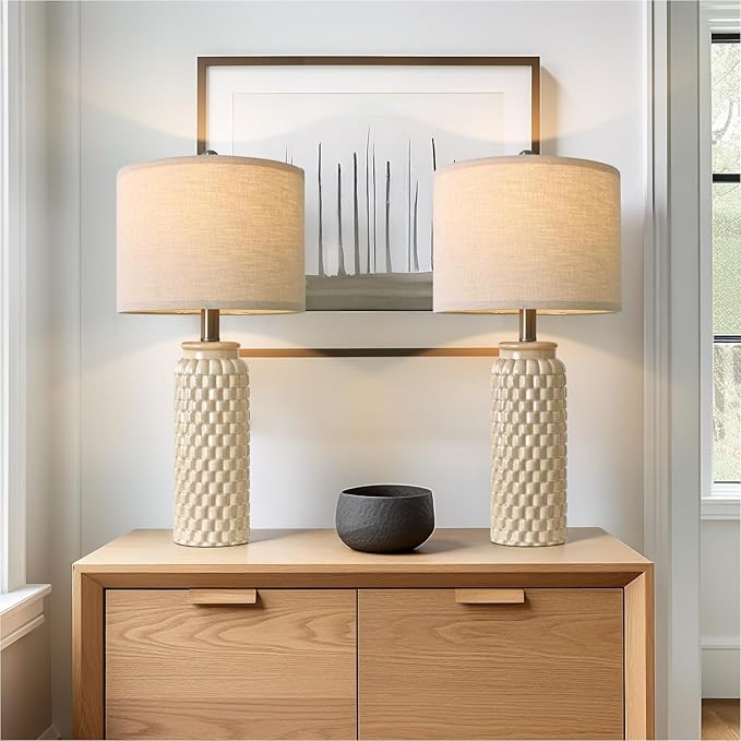 USumkky 24" Modern Ceramic Bedside Lamp Set of 2 for Bedroom Decor Farmhouse Table Lamp for Living Room Office Dorm