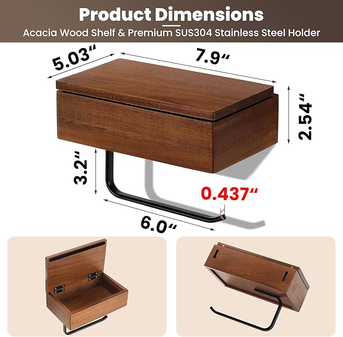 Toilet Paper Holder with Acacia Wood Shelf - Wall Mount & Self-Adhesive Bathroom Tissue Roll Holder, Black Stainless Steel with Storage - Home Apartment Restroom