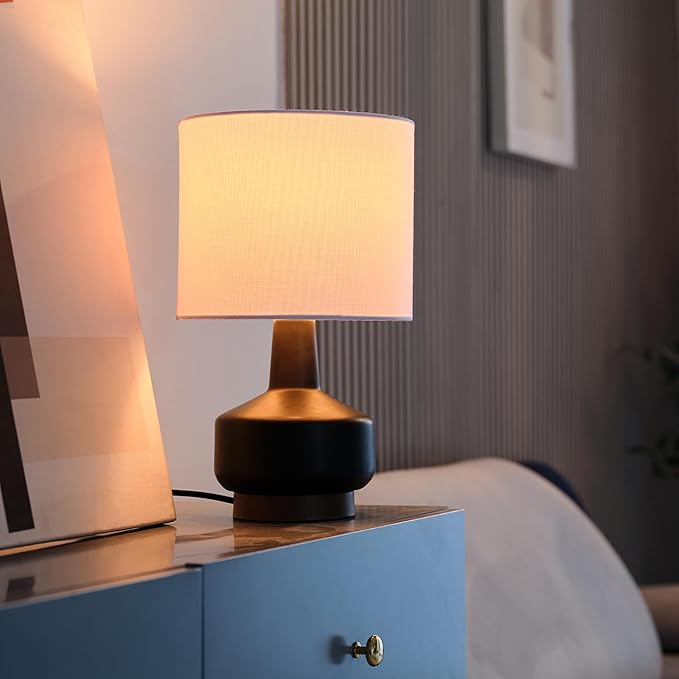 Globe Electric 15" Ceramic Table Lamp, Matte Black Base, Wood-Toned Accent, White Linen Shade, Dual Rotary Switch, Modern Bedroom or Office Lighting, 61000046