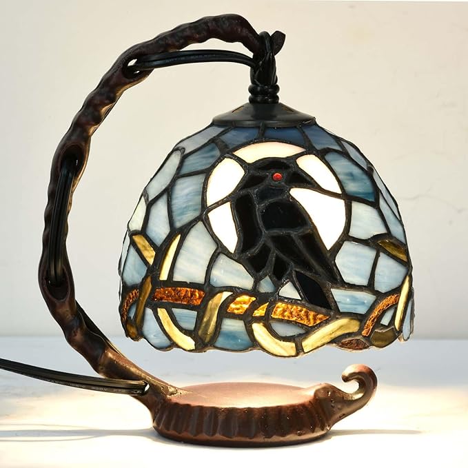 Bieye L12011 Raven Sitting on Bare Tree Branch in Full Moon Night Tiffany Style Stained Glass Table Lamp for Home Decor (Dark Blue, 7Wx5.5Dx8H)