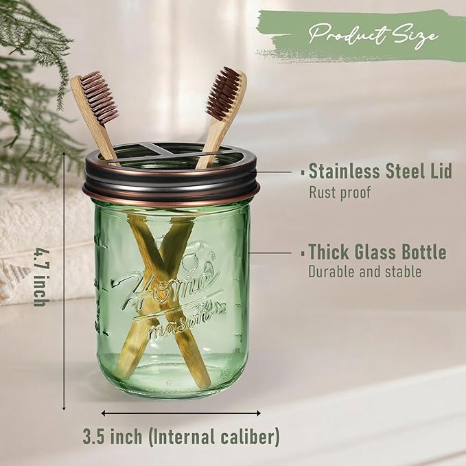 SheeChung Mason Jar Toothbrush Holder, Green Glass Toothbrush Holder, Bathroom Countertop Organizer, Stainless Steel Lid, Toothbrush Toothpaste Holder Storage, Oil Rubbed Bronze Bathroom Accessories