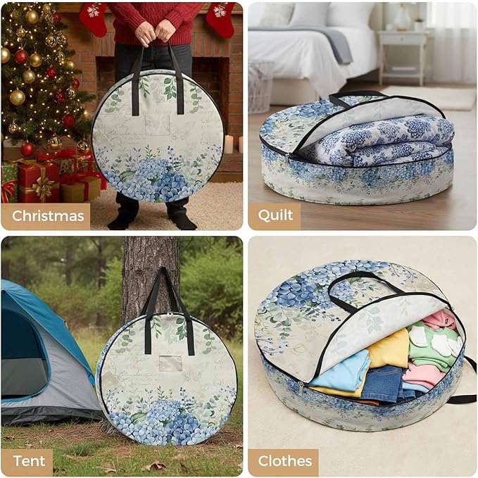 Storage Bag Blue Hydrangea Round Storage Totes Bins Closet Organizers with Zippers & Handle Green Eucalyptus Leaves Vintage Clothes Storage Container for Bedroom Dorm Space Saving Packing Supplies