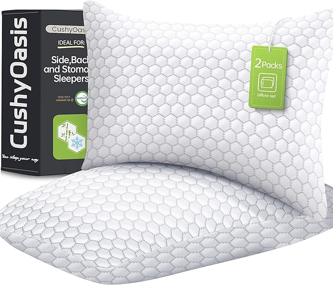 CushyOasis Shredded Memory Foam Pillow for Sleeping, Cooling Bed Pillows Set of 2, Adjustable Pillows for Side, Back, Stomach Sleepers with Washable Pillowcase (King Size, Grey)